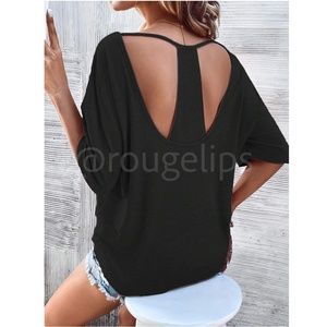 Black Tee Shirt Cut Put Mock Racer Back Batwing Sleeve Loose Fit Boat Neck
